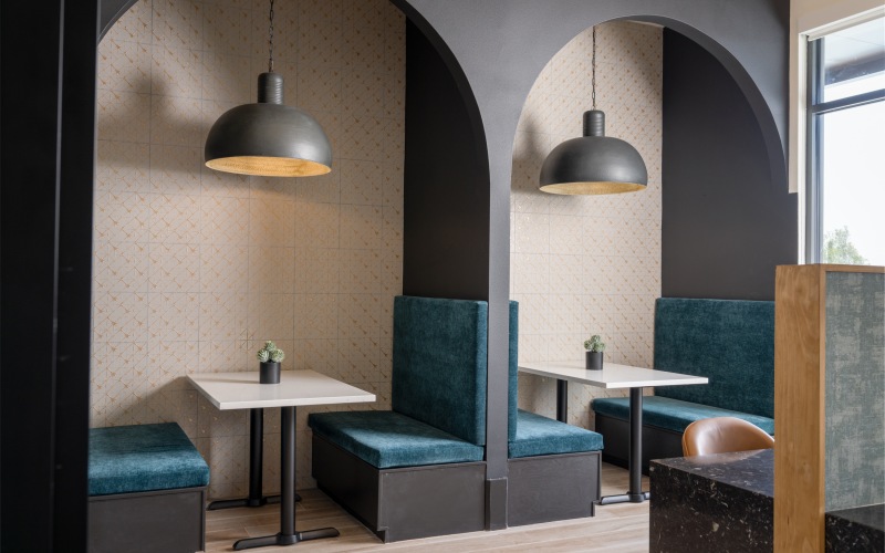 co-working space with seating and tables